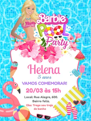 Convite Aniversário Barbie Pool Party para Editar Online
