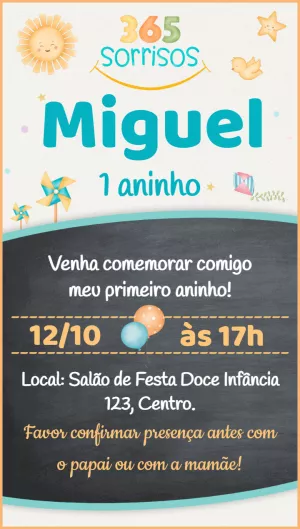 Convite Aniversário 365 Sorrisos com Sol e Catavento para Editar