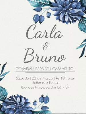 Convite de Casamento Floral Azul para Editar Online