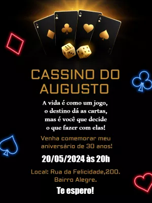 Convite de Aniversário Cassino e Baralho para Editar Online