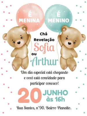 Convite Chá Revelação Ursinhos Fofos para Editar Online