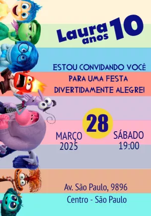 Convite Aniversário Divertida Mente 2 com Personagens para Editar