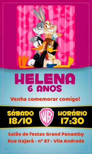 Convite de Aniversário Looney Tunes com a Turma para Editar