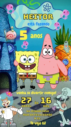 Convite de Aniversário Bob Esponja e Amigos para Editar