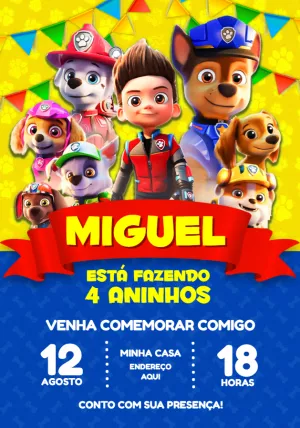Convite Aniversário Patrulha Canina com Personagens para Editar
