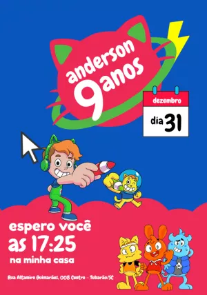 Convite Aniversário Gato Galáctico com Personagens para Editar