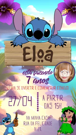 Convite Aniversário Lilo e Stitch com Foto para Editar Online