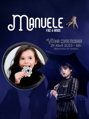 Convite Aniversário Wandinha Addams com Foto para Editar Online