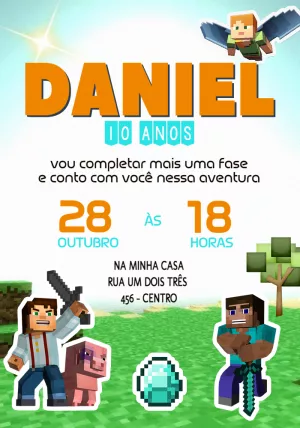 Convite de Aniversário Minecraft com Personagens para Editar