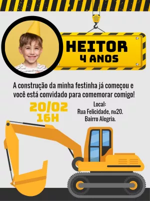 Convite Aniversário Construção com Foto para Editar Online