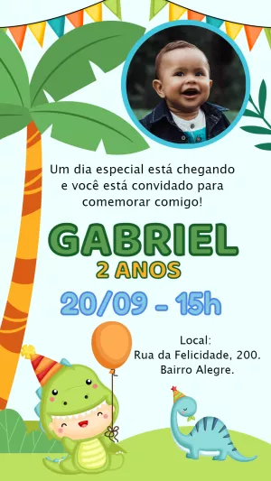 Convite Aniversário Dinossauro Baby com Foto para Editar