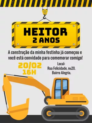 Convite de Aniversário Construção com Máquinas para Editar