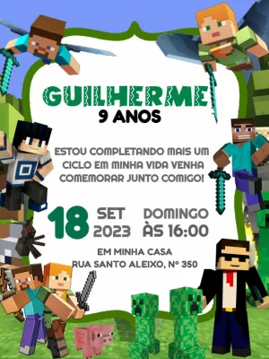 Convite de Aniversário Minecraft com Personagens para Editar