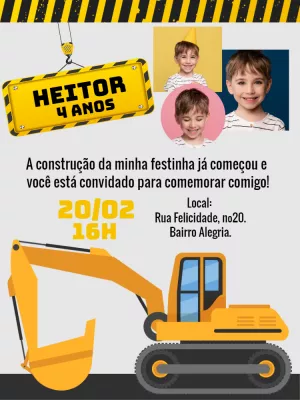 Convite Aniversário Construção com Foto para Editar Online