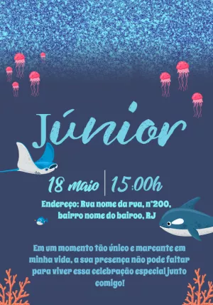 Convite Aniversário Fundo do Mar com Animais para Editar Online
