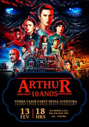 Convite Aniversário Stranger Things com Personagens para Editar