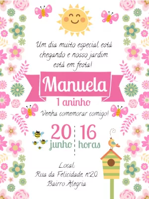 Convite Aniversário Jardim Encantado com Flores para Editar