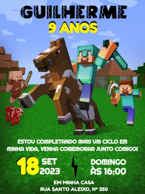 Convite de Aniversário Minecraft com Personagens para Editar