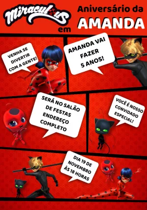 Convite de Aniversário Miraculous Ladybug para Editar Online