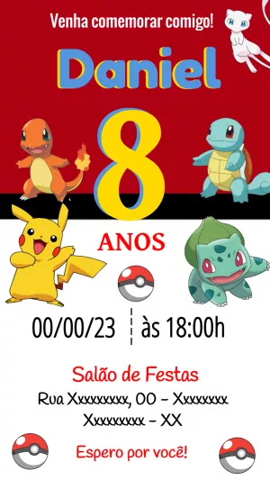 Convite de Aniversário Pokémon com Pikachu e Amigos para Editar