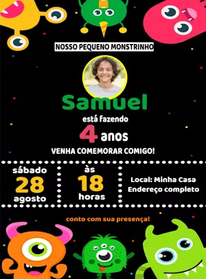 Convite Aniversário Monstrinhos com Foto para Editar Online