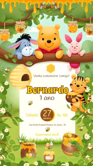 Convite Aniversário Ursinho Pooh e Turma para Editar Online