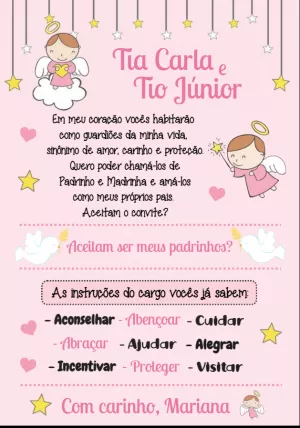 Convite Padrinhos de Batismo Anjinha Rosa para Editar Online