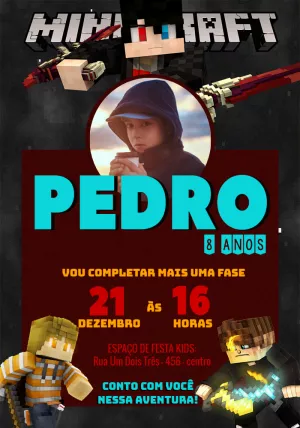 Convite Aniversário Minecraft com Foto para Editar Online