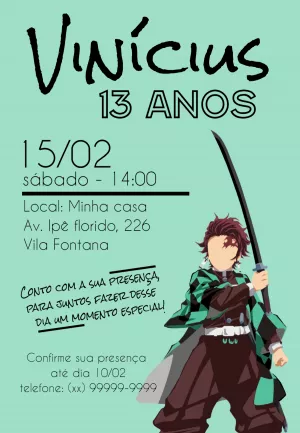 Convite Aniversário Demon Slayer com Tanjiro para Editar