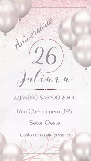 Convite Aniversário Rosê Gold com Balões para Editar Online