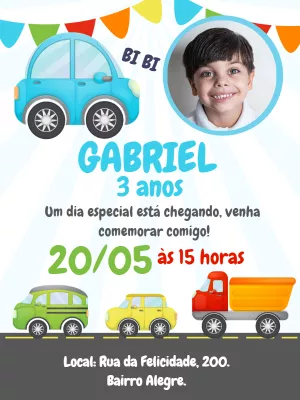 Convite Aniversário Carrinhos com Foto para Editar Online
