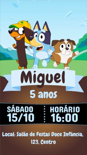 Convite de Aniversário Bluey e Amigos para Editar Online