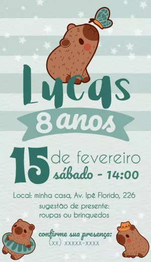 Convite de Aniversário Capivara Fofa para Editar Online