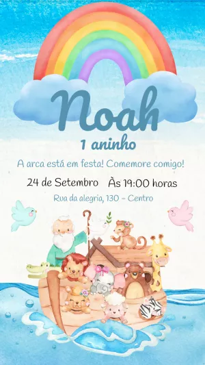Convite Aniversário Arca de Noé Aquarela para Editar Online