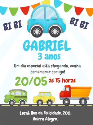 Convite de Aniversário Carrinhos Coloridos para Editar Online