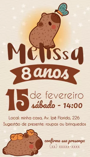 Convite de Aniversário Capivara Fofa para Editar Online