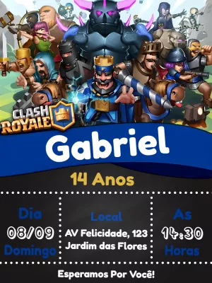 Convite de Aniversário Clash Royale com Personagens para Editar