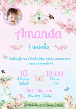 Convite Aniversário Jardim Encantado com Foto para Editar Online