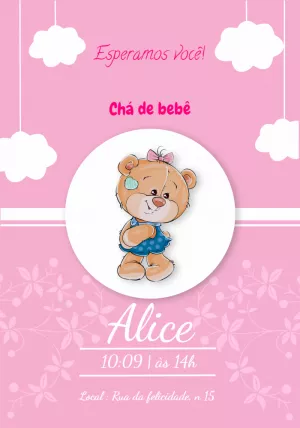 Convite Chá de Bebê Ursinha Rosa para Editar Online