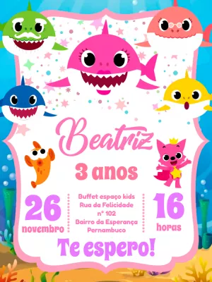Convite Aniversário Baby Shark com a Turma para Editar Online