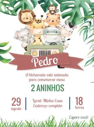 Convite Aniversário Safari com Animais Fofos para Editar Online