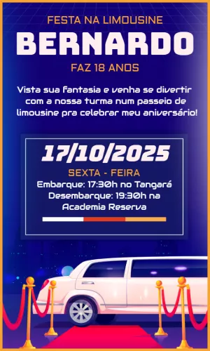 Convite de Aniversário Tema Limousine para Editar Online