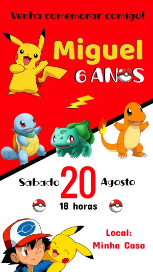 Convite de Aniversário Pokémon com Personagens para Editar