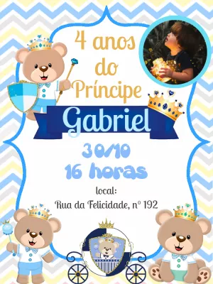 Convite Aniversário Ursinho Príncipe com Foto para Editar Online