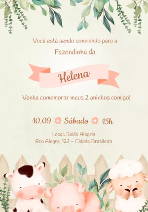 Convite Aniversário Fazendinha Aquarela para Editar Online