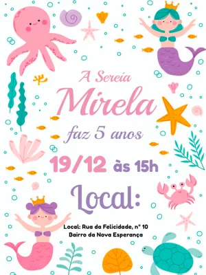 Convite de Aniversário Sereia Fundo do Mar para Editar Online