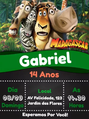 Convite de Aniversário Madagascar com Personagens para Editar