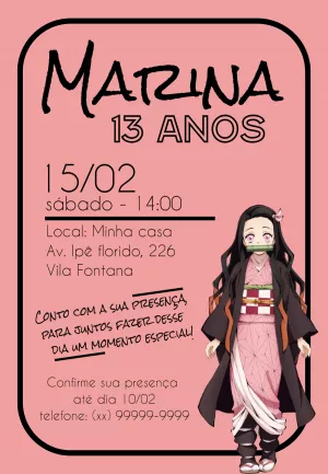 Convite de Aniversário Demon Slayer com Nezuko para Editar Online