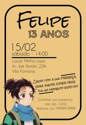 Convite de Aniversário Demon Slayer com Tanjiro para Editar