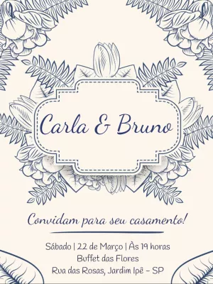 Convite de Casamento Folhagem Azul Marinho para Editar
